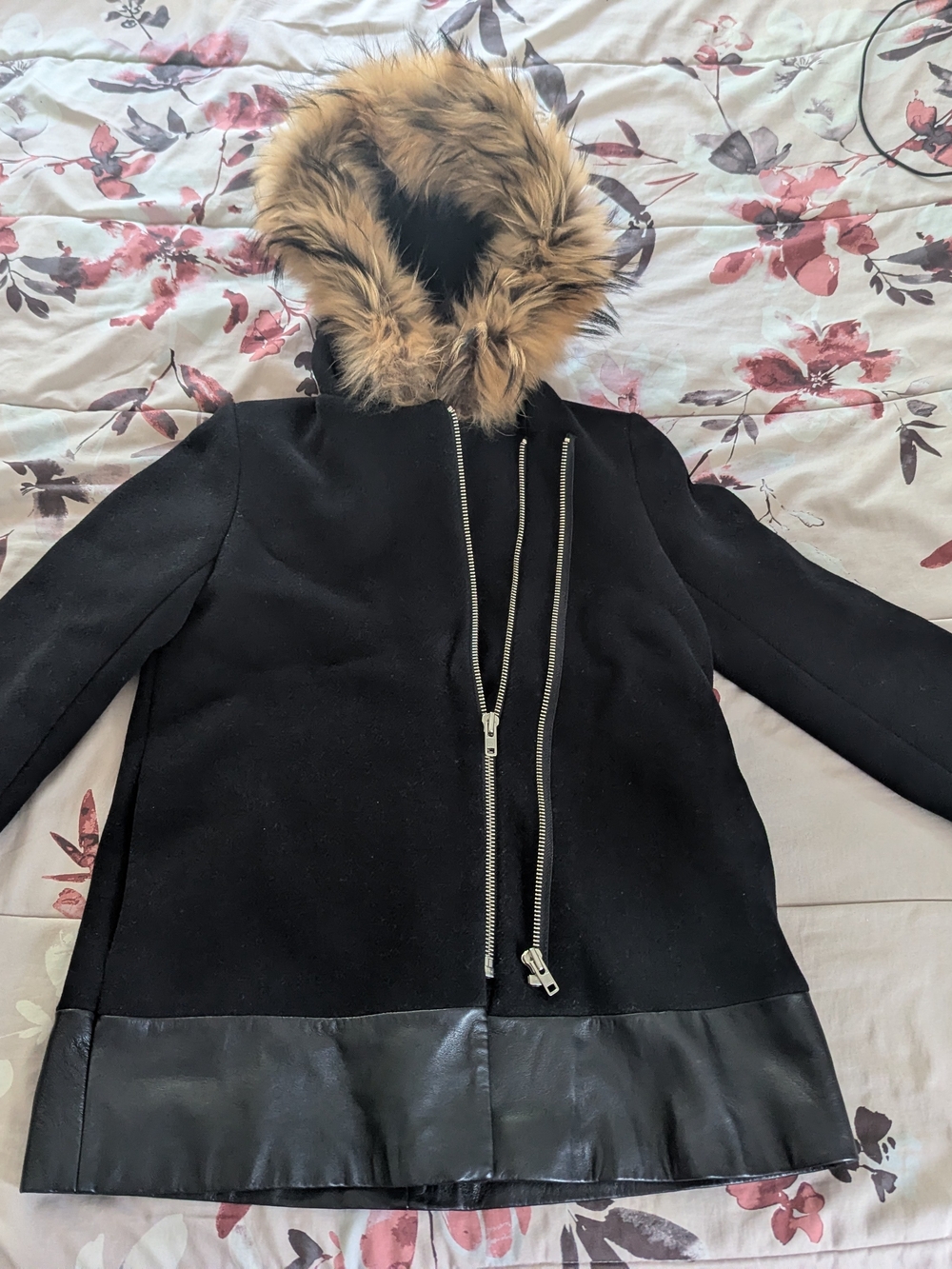 Black Hooded Coat with Fur Trim